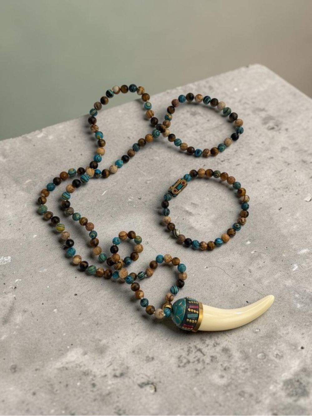 🫶🏻 Natural Stone Beaded Turquoise and Brown Bohemian Necklace Set